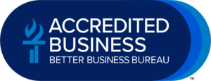 BBB Accredited Business badge with blue flame icon and 'Accredited Business' text